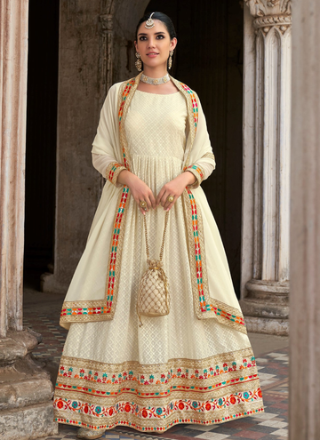 Pure Georgette Embroidery Work White Color Anarkali Salwar Suit